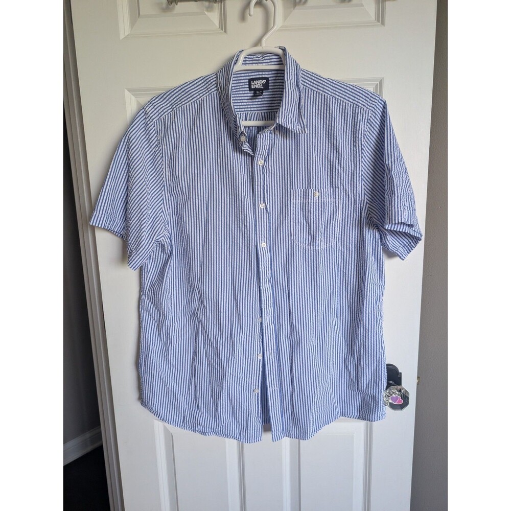 Lands End Seersucker XLT Button Down Shirt Mens Blue White Short Sleeve Oeko Tex